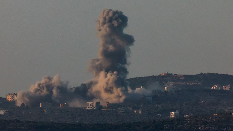 Smoke billows over Rmyach, southern Lebanon, amid ongoing hostilities between Hezbollah and Israeli forces, as seen from Sasa, northern Israel, October 18, 2024. REUTERS/Gonzalo Fuentes