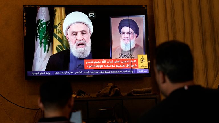 Hezbollah's newly named leader Naim Kassem delivers a televised speech on Wednesday.
Pic: AP