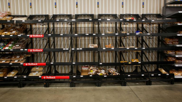 A view of nearly empty bread shelves at a Walmart as Hurricane Milton approaches, in Tampa, Florida, U.S., October 6, 2024. REUTERS/Octavio Jones