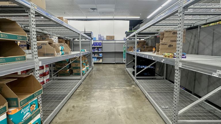 A view of nearly empty toilet paper shelves at a Walmart as Hurricane Milton approaches, in Tampa, Florida, U.S., October 6, 2024. REUTERS/Octavio Jones