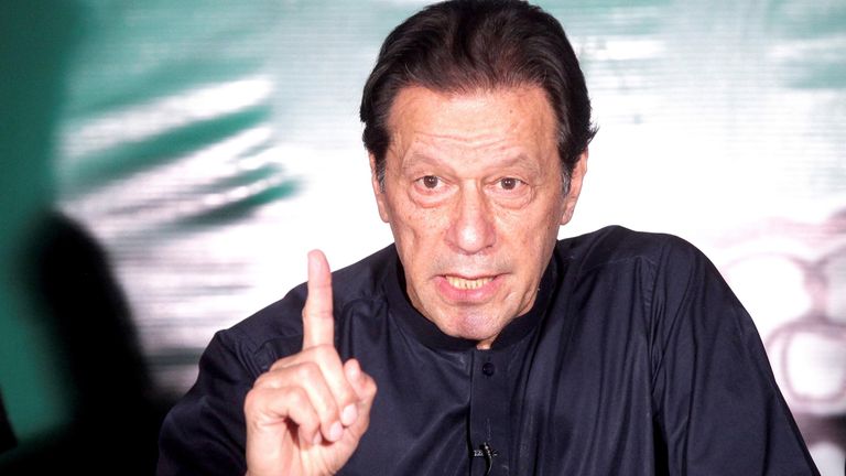 Pakistan's former Prime Minister Imran Khan, gestures as he speaks to the members of the media at his residence in Lahore, Pakistan May 18, 2023. REUTERS/Mohsin Raza