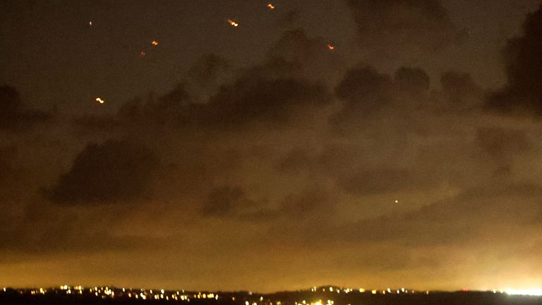 Projectiles fly in the sky after Iran fired a salvo of ballistic missiles at Israel amid ongoing hostilities between Hezbollah and Israeli forces, as seen from Tyre, southern Lebanon October 1, 2024. REUTERS/Aziz Taher