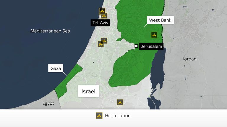 The locations of strike impacts in Israel and the occupied West Bank