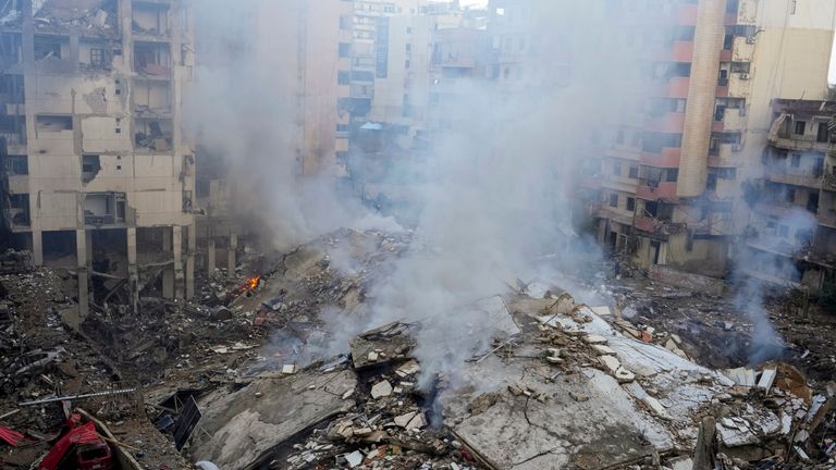 Smoke rises from the site of an Israeli airstrike in Beirut's southern suburb. Pic: AP