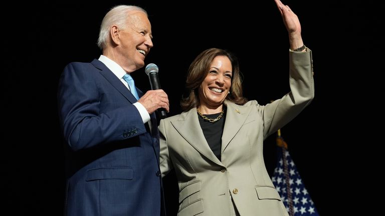 President Joe Biden, left, and Democratic presidential nominee Vice President Kamala Harris speak about the administration's efforts to lower prescription drug costs during an event at Prince George's Community College in Largo, Md., Thursday, Aug. 15, 2024. (AP Photo/Susan Walsh)