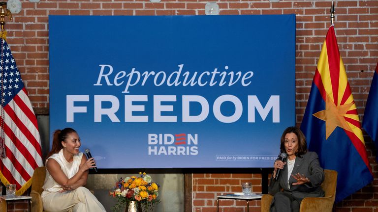 Democratic presidential nominee Kamala Harris, right, on a visit to Arizona in June. Pic: Reuters