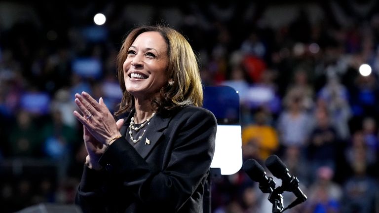 Democratic presidential nominee vice president Kamala Harris on stage during a campaign rally in Erie, Pennsylvania.
Pic: AP