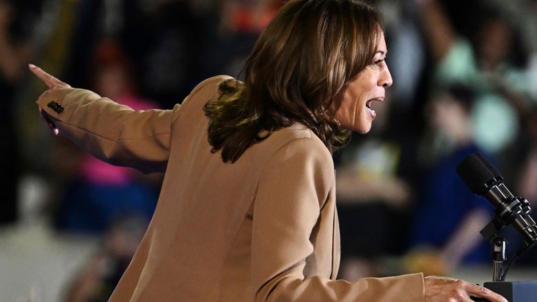 Vice President Kamala Harris delivers a speech during a campaign rally for the US Presidential Election in Clarkston, Georgia on October 24, 2024. ( The Yomiuri Shimbun via AP Images )