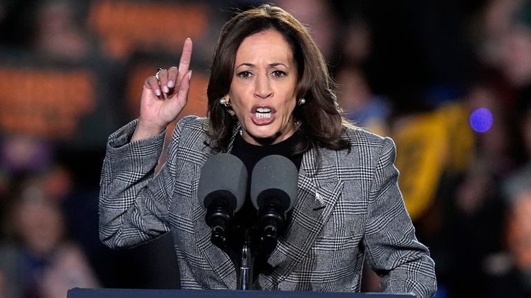 Democratic presidential nominee Vice President Kamala Harris speaks during a campaign rally at Burns Park in Ann Arbor, Mich., Monday, Oct. 28, 2024. (AP Photo/Carlos Osorio)