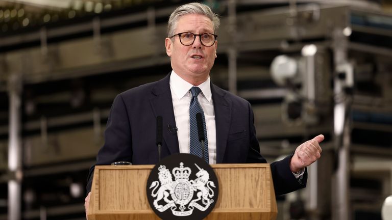 Keir Starmer gives a speech during a visit to a manufacturing facility in Chester.
Pic: PA