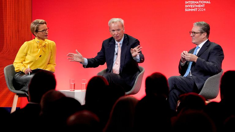 Keir Starmer with former CEO of Google, Eric Schmidt and Dame Emma Walmsley the CEO of GSK, during the International Investment Summit.
Pic: Reuters