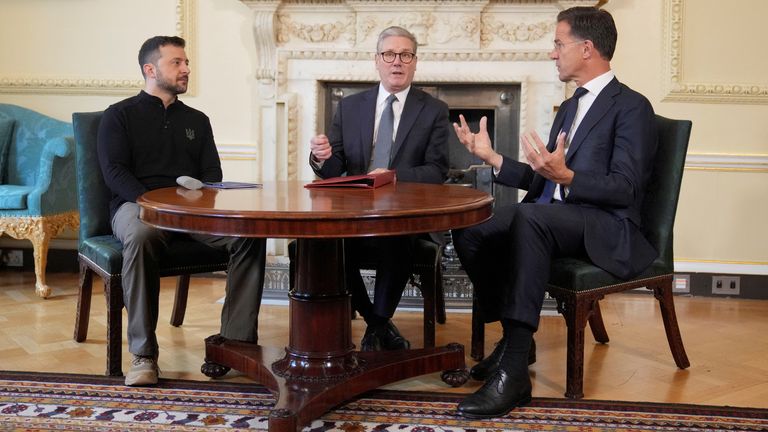 Britain's Prime Minister Keir Starmer, NATO Secretary General Mark Rutte, and Ukrainian President Volodymyr Zelenskyy  meet at 10 Downing Street in London, Britain, Oct. 10, 2024. Pic: Reuters