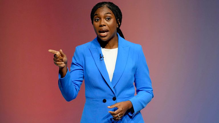 Conservative leadership candidate Kemi Badenoch addresses members during the Conservative Party Conference at the International Convention Centre in Birmingham, England, Wednesday, Oct. 2, 2024.(AP Photo/Kin Cheung)