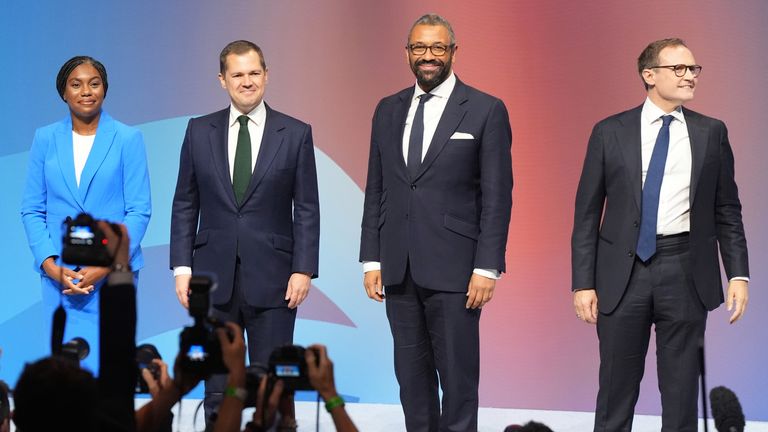 (left to right) Tory leadership candidates, Kemi Badenoch, Robert Jenrick , James Cleverly and Tom Tugendhat, stand together on stage after delivering their speeches during the Conservative Party Conference at the International Convention Centre in Birmingham. Picture date: Wednesday October 2, 2024.
