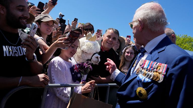 King Charles before being sneezed on by an alpaca. Pic: AP Photo/Mark Baker, Pool