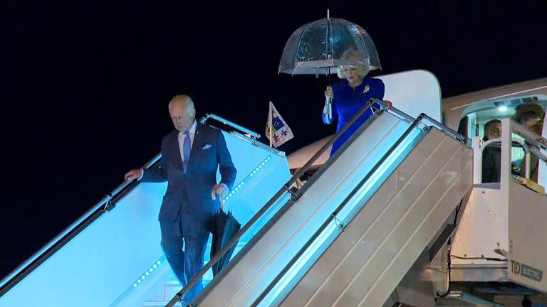 King Charles and Queen Camilla arrive at the Sydney International Airport in Sydney, Australia.