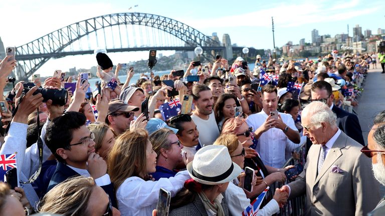 SYDNEY, AUSTRALIA - OCTOBER 22: Britain's King Charles greets spectators during a visit to the Sydney Opera House on October 22, 2024 in Sydney, Australia. Chris Jackson/Pool via REUTERS
