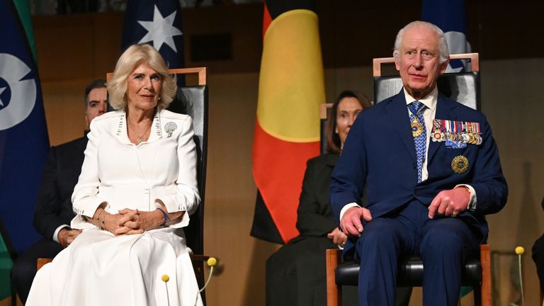 The King and Queen at Australia's Parliament House in Canberra. Pic: PA