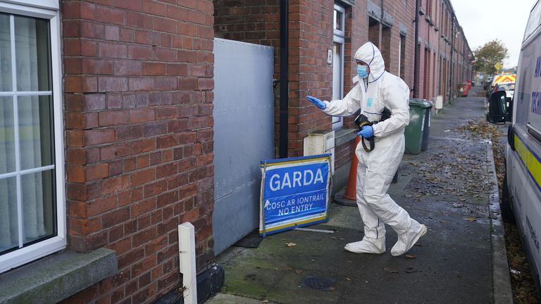 A Gardai forensics officer in Dundalk, Co Louth as they search a house in the investigation into the suspected murder of eight-year-old Kyran Durnin. From Tuesday, the house, garden and adjacent grounds will be searched and subjected to technical and forensic examination. An Garda Siochana said the aim of the search is to uncover evidence that could provide clues to Kyran's whereabouts or what happened to him. Date of photo: Tuesday, October 22, 2024.