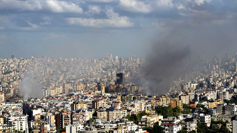 Smoke rises from neighbourhoods hit by Israeli airstrikes in Dahieh, Beirut. Pic: AP