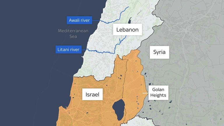 A map of Lebanon showing the Litani and Awali rivers. 