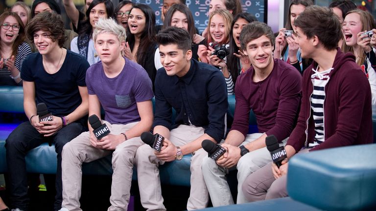 Harry Styles, Niall Horan, Zayn Malik, Liam Payne, and Louis Tomlinson of One Direction visit New.Music.Live. at the MuchMusic Headquarters on Monday, Feb. 27, 2012, in Toronto. (AP Photo/Arthur Mola)