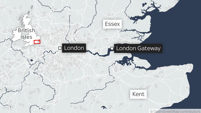 A map showing the location in Essex of the London Gateway port