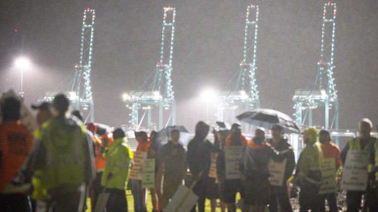 Longshoremen strike together outside of the Virginia International Gateway in Portsmouth.
Pic::AP