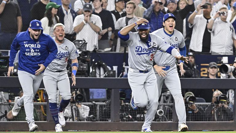 Los Angeles Dodgers players celebrate after clinching the MLB World Series with a 7-6 win over the New York Yankees in Game 5 on Oct. 30, 2024, at Yankee Stadium in New York. (Kyodo via AP Images) ==Kyodo


