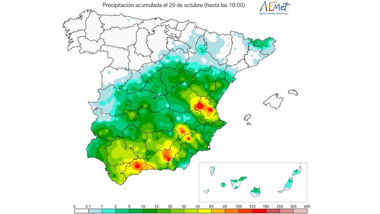 A map from Spanish weather service AEMET that shows the intensity of rain in different parts of the country on Tuesday. Pic: AEMET