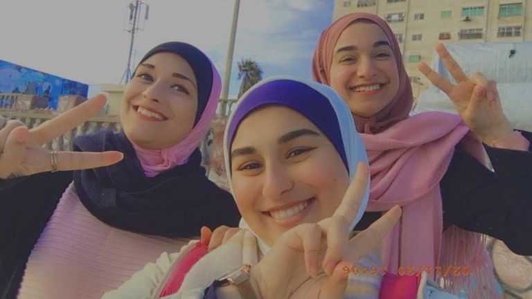 Marwa (centre) with her sisters Haneen (L) and Nisreen (R). Pic: Marwa Jarada