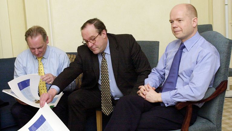 Michael Ancram (middle) when he was party chair next to William Hague (R) in 2001. Pic: Reuters