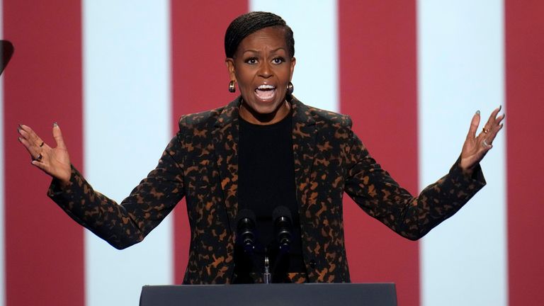 Former First Lady Michelle Obama speaks at a rally for Democratic presidential candidate Vice President Kamala Harris at the Wings Event Center in Kalamazoo, Michigan, October 26, 2024. (AP Photo/Paul Sancy)