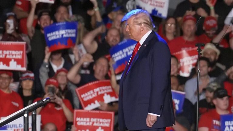 Trump has mic cut out at campaign event in Detroit, Michigan, Pic: AP