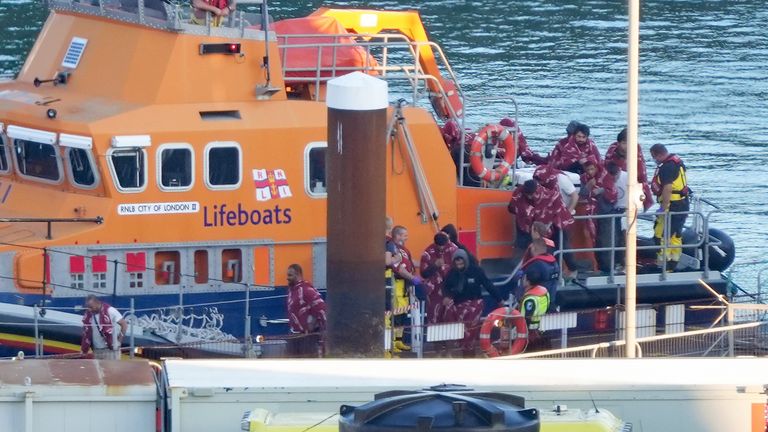 A group of people thought to be migrants are brought in to Dover on Saturday. Pic: PA