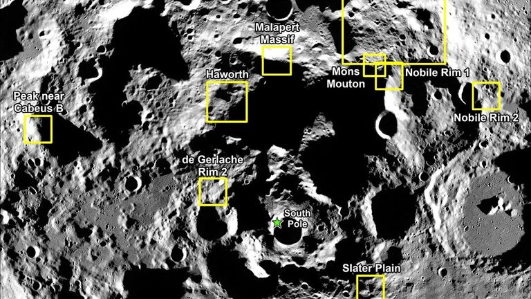 The nine candidate landing regions for NASA’s Artemis III mission. Pic: NASA