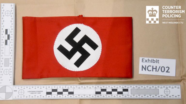 Nazi memorabillia seized at the bedsit of Callum Ulysses Parslow in Worcester.  
Pic: West Midlands Police/PA 