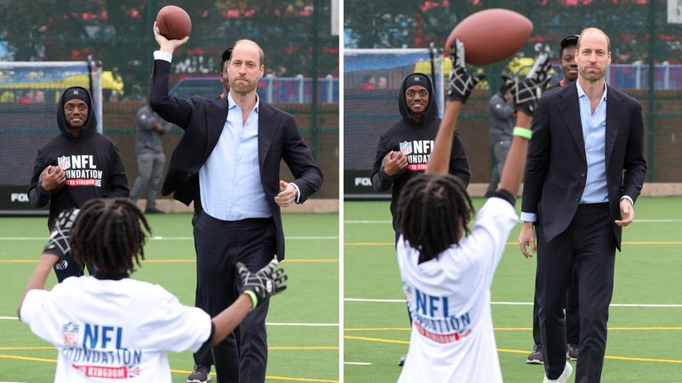 The Prince of Wales throws an American football while attending a community event.
Pic: Andrew Parsons / Kensington Palace