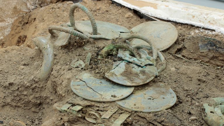 The Peebles Hoard during excavation. Pic: Crown Copyright