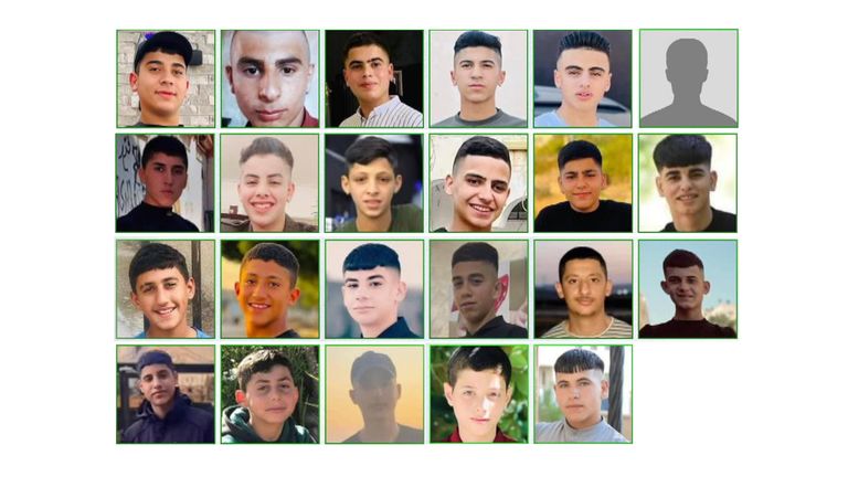 Compilation of image 7 of 7 - illustrating the 168 Palestinians under the age of 18 who have lost their lives during Israeli attacks since October 7th 2023.  Figs according to DCI Palestine and Save the Children.