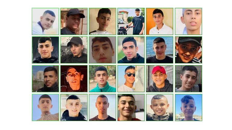 Compilation of image 6 of 7 - illustrating the 168 Palestinians under the age of 18 who have lost their lives during Israeli attacks since October 7th 2023.  Figs according to DCI Palestine and Save the Children.