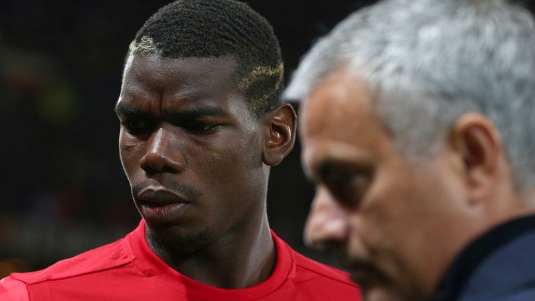 FILE - In this Thursday, Sept. 29, 2016 file photo Manchester United's manager Jose Mourinho, right, with Manchester United's Paul Pogba just prior to the start of Europa League group A soccer match between Manchester United and Zorya Luhansk at Old Trafford, Manchester, England. Manchester United says Jose Mourinho has left the Premier League club with immediate effect. The decision was announced Tuesday Dec.18, 2018, two days after a 3-1 loss to Liverpool left United 19 points off the top of t