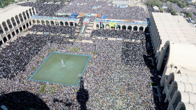 People attend the Friday Prayers and a commemoration ceremony of late Lebanon's Hezbollah leader, Sayyed Hassan Nasrallah, in Tehran, Iran.
Pic: WANA/Reuters