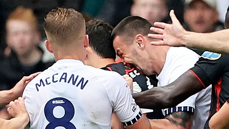 Preston North End forward Milutin Osmajic and Blackburn Rovers defender Owen Beck during the incident.
Pic:ProSports/Shutterstock