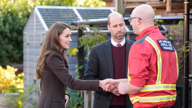 The Prince and Princess of Wales meet a critical care paramedic from the Air Ambulance during a visit to Southport.
Pic: PA