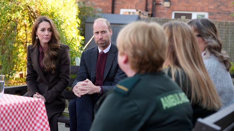 The Prince and Princess of Wales speak to members of the emergency services during a visit to Southport Community Centre.
Pic: PA