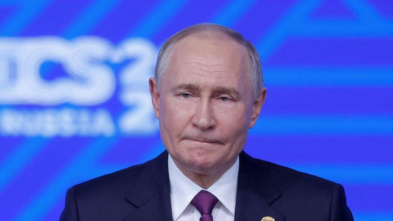 Vladimir Putin at a press conference at the BRICS summit in Kazan. Pic: Reuters