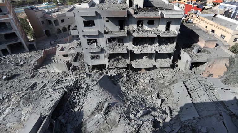 Destroyed buildings that were hit by Israeli airstrikes are seen in Qana south Lebanon,.
Pic: AP