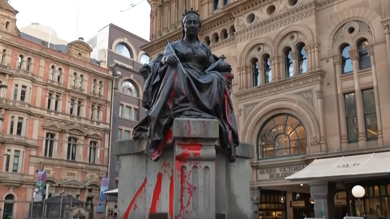 A statue of Queen Victoria was splashed with red paint. Pic: AP