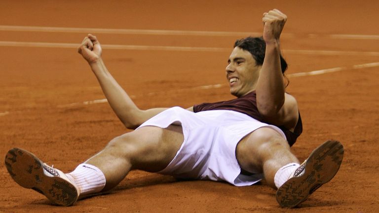 Nadal celebrating his win against the USA's Andy Roddick in the Davis Cup final at Seville's Olympic Stadium in December 2004. Pic: Reuters